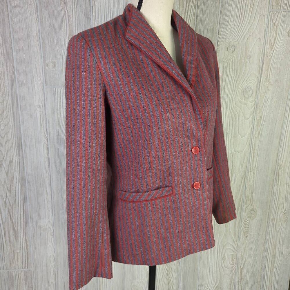 Marnie Womens Size 10 Two Button Closure Suit Jacket Red Blue Pinstripe Pockets